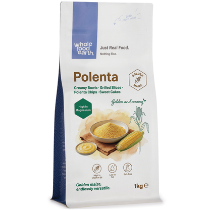 Whole Food Earth polenta flour in a bag, showing the textured yellow cornmeal used for cooking and baking.
