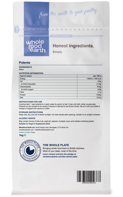 Whole Food Earth polenta flour bag shown from the back, highlighting the packaging and product details for gluten-free grains.