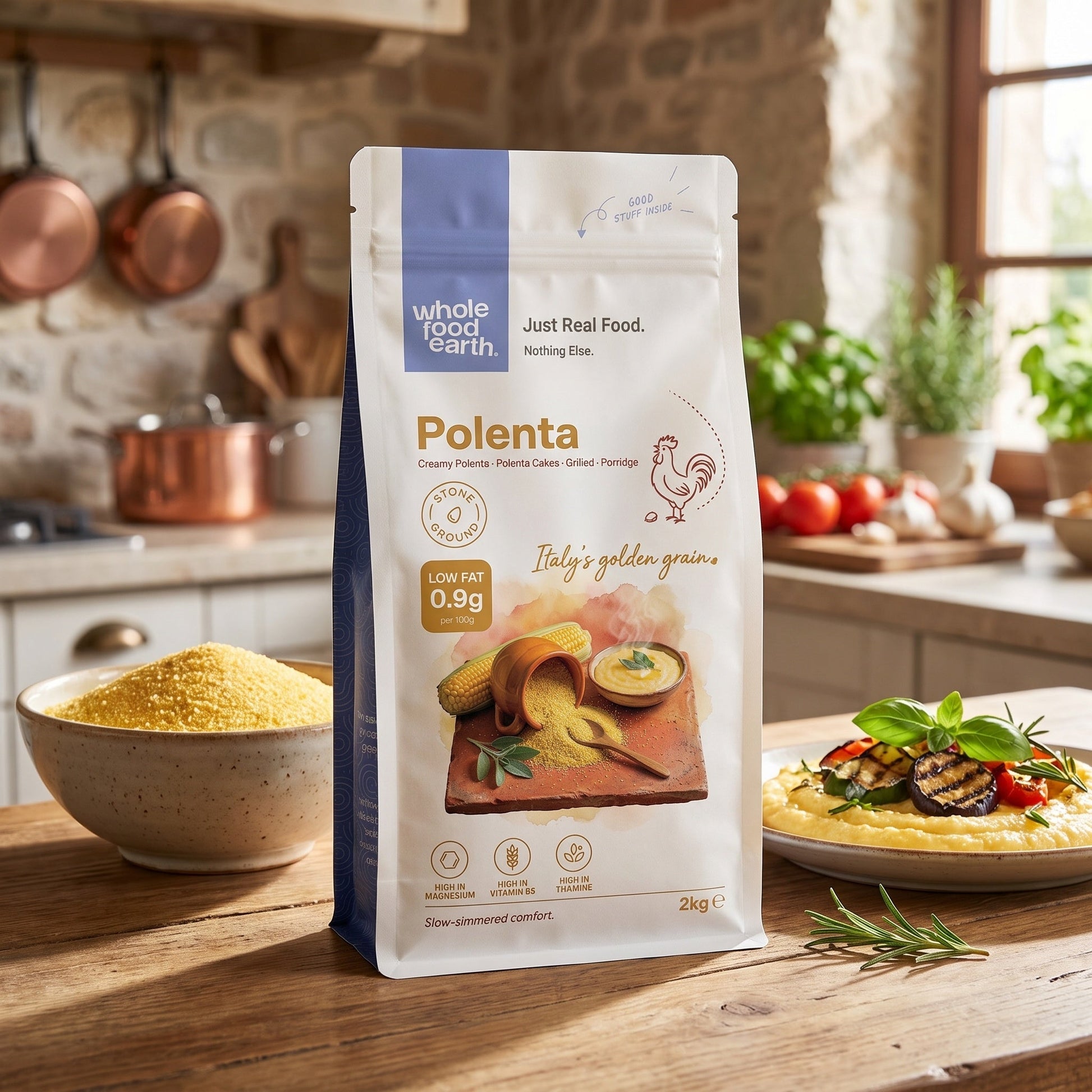 Whole Food Earth polenta in a bowl, showcasing its coarse yellow cornmeal texture, ideal for cooking and baking.