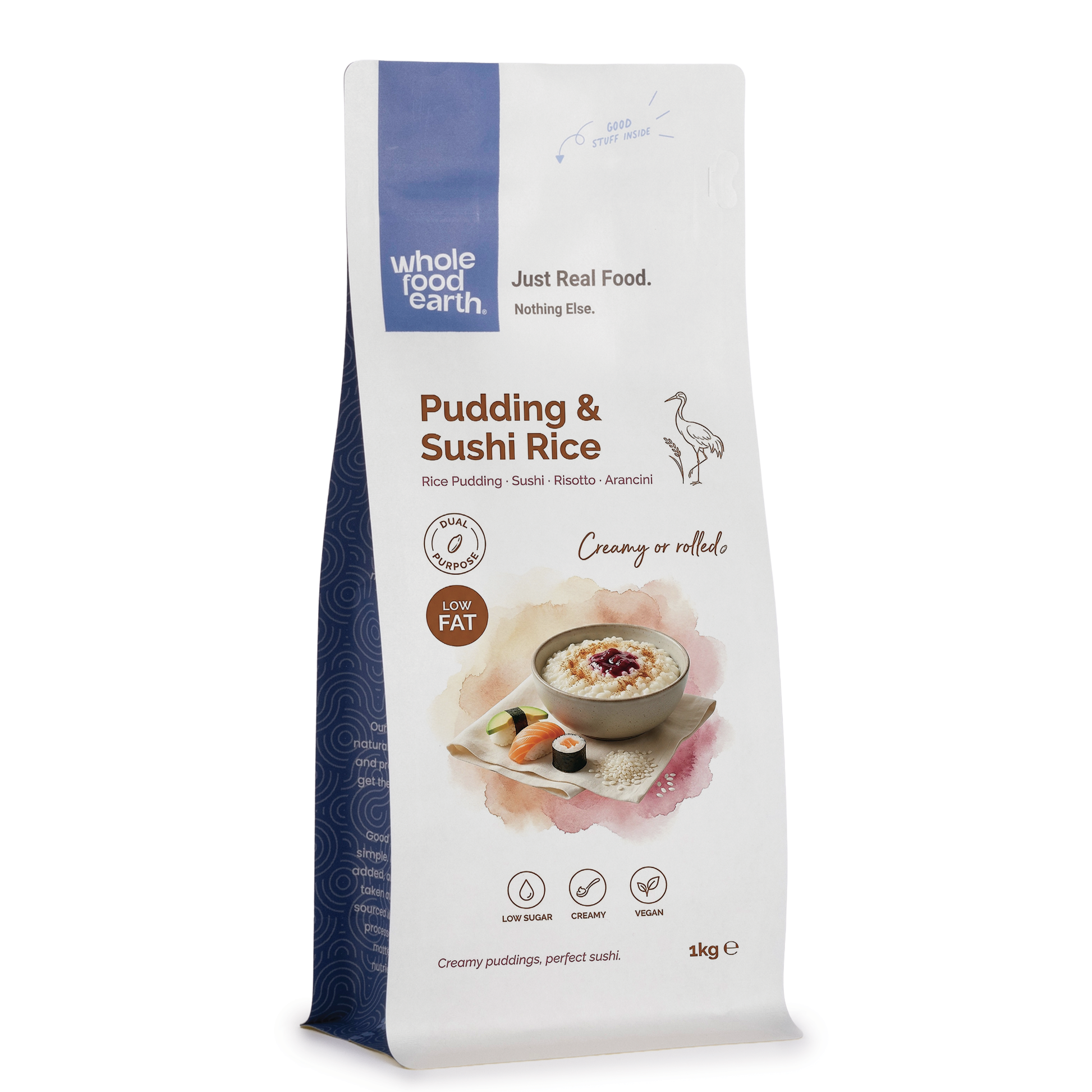 Whole Food Earth pudding and sushi rice, a package of rice and couscous product, with a white rice grain close-up image.