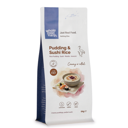 Whole Food Earth pudding and sushi rice, a package of rice and couscous product, with a white rice grain close-up image.