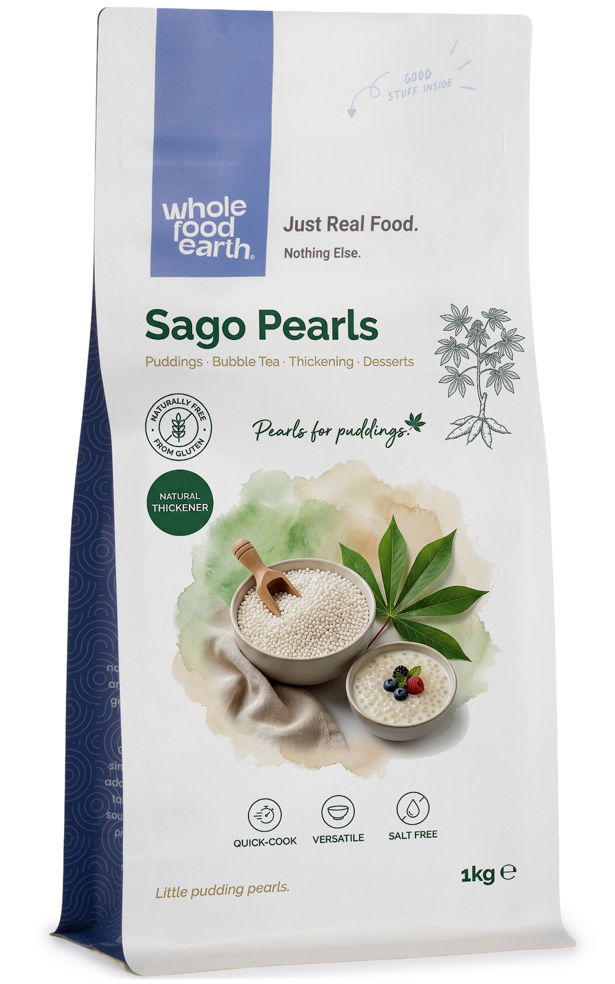 Whole Food Earth sago pearls, translucent round flour grains, shown in a close-up image, ideal for cooking and baking.