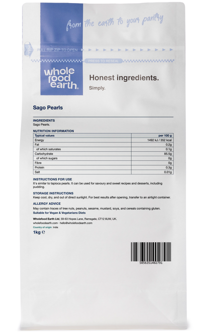Whole Food Earth Sago Pearls, dried and translucent, shown in a close-up image, ideal for cooking and baking with grains and flours.