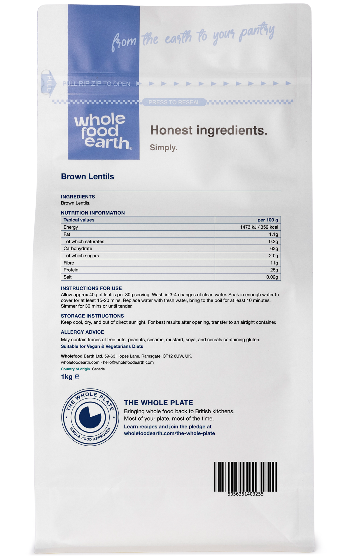 Back view of Whole Food Earth brown lentils in a beans and pulses package, showing the product label and packaging details.