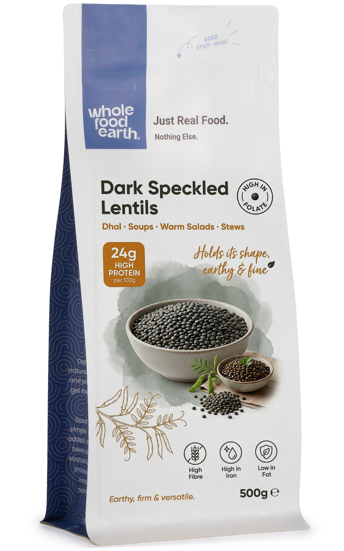 Dark speckled lentils from Whole Food Earth, a type of beans and pulses, shown in a 3D rendering image.