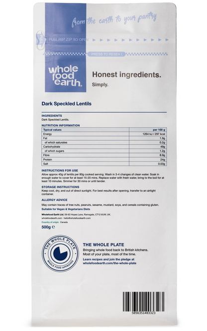 Back view of Whole Food Earth dark speckled lentils, a type of beans and pulses, showing their textured, speckled appearance.