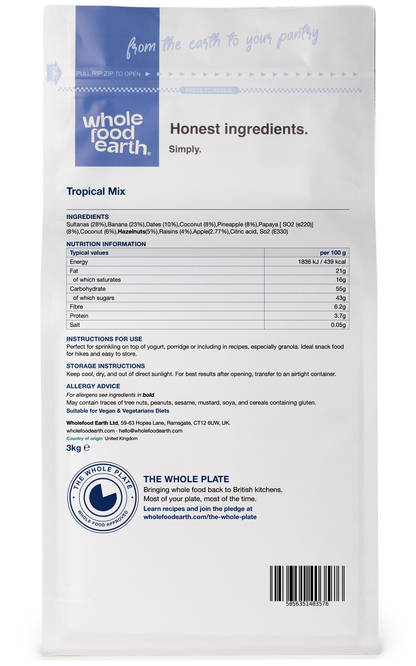 Whole Food Earth Tropical Mix of dried fruits and nuts, showing colorful blend in a 3D back view.