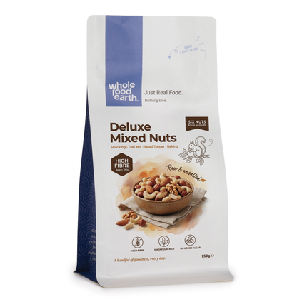 Mixed nuts in a bowl, featuring almonds, cashews, and walnuts, from Whole Food Earth Deluxe Mixed Nuts specialty product.