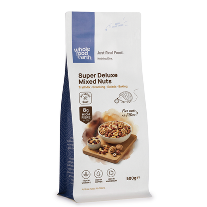 Mixed nuts from Whole Food Earth Super Deluxe Nut Mix, featuring almonds, cashews, and walnuts in a colorful assortment.