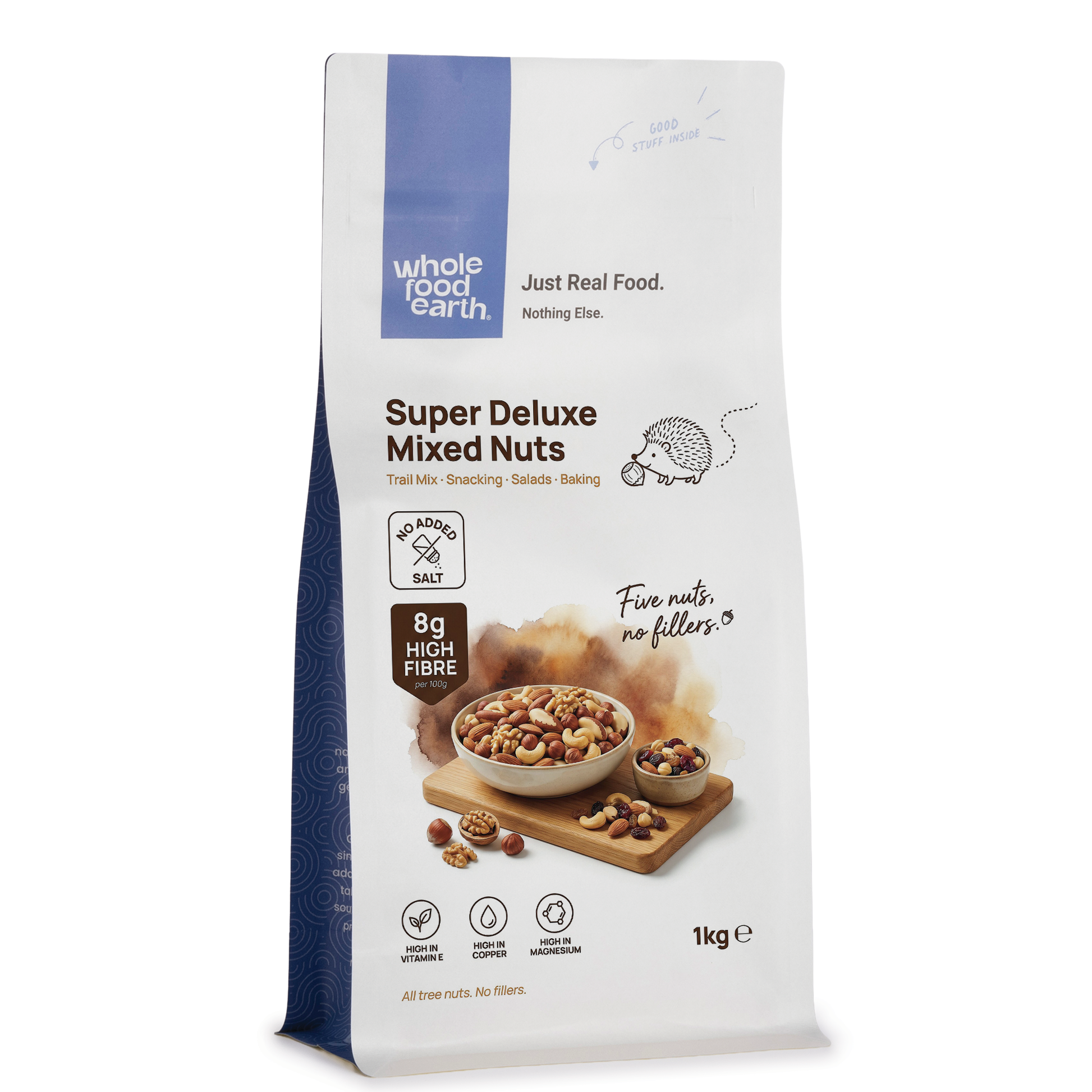 Mixed nuts and seeds from Whole Food Earth Super Deluxe Mixed Nuts package, featuring a variety of nuts and seeds in a bowl.