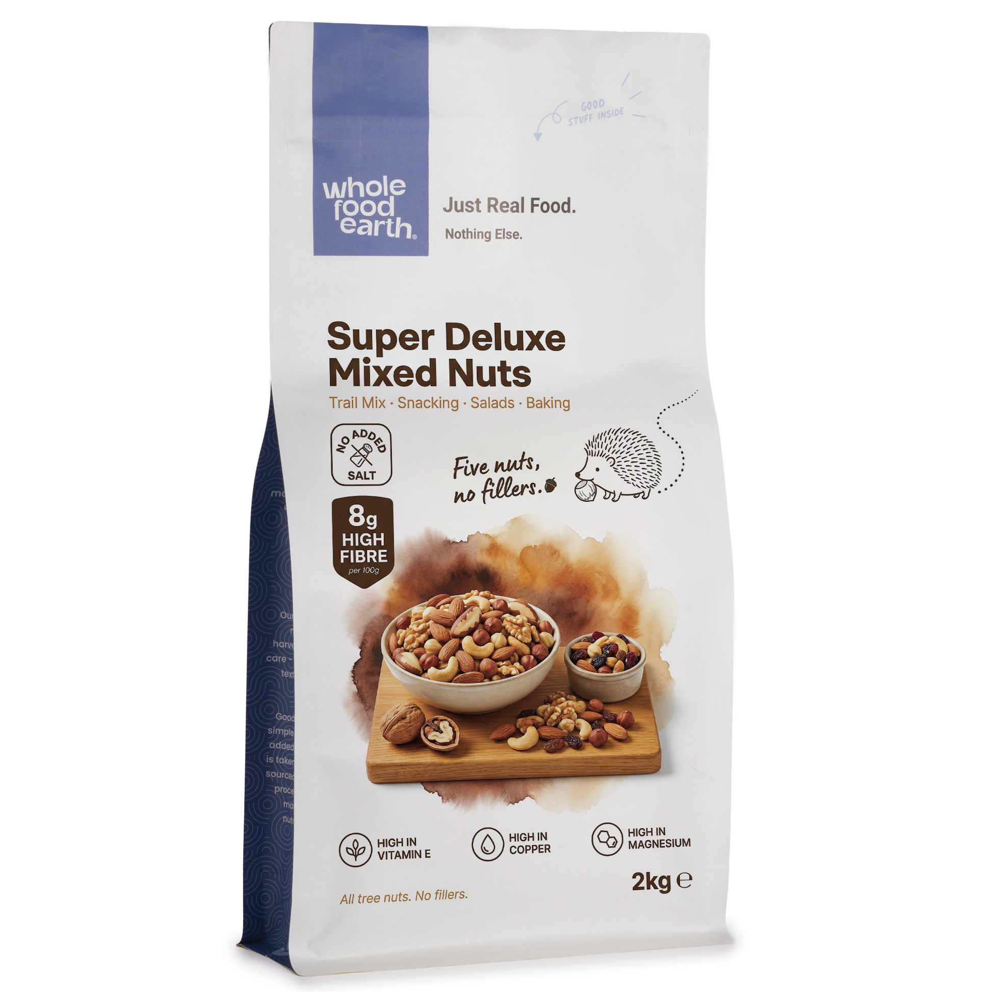Mixed nuts and seeds in a clear bowl, including almonds, cashews, and sunflower seeds, from Whole Food Earth Super Deluxe Mixed Nuts.