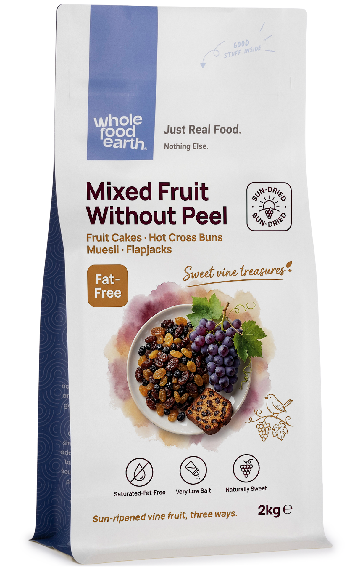 Mixed dried fruit without peel from Whole Food Earth, showcasing colorful, chewy dried fruit pieces in a natural assortment.