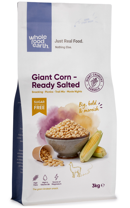 3D image of Whole Food Earth Giant Corn Ready Salted, a specialty snack with large, salted corn kernels.