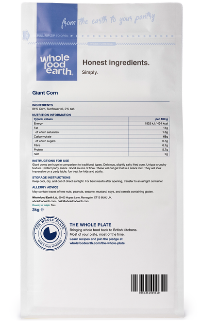 Back view of Whole Food Earth Giant Corn Ready Salted, a specialty snack with salted corn kernels in a 3D-style packaging.