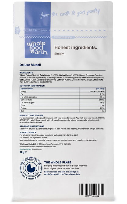 Whole Food Earth Deluxe Muesli cereal with flakes, dried fruit, nuts, and seeds in a 3D back view.