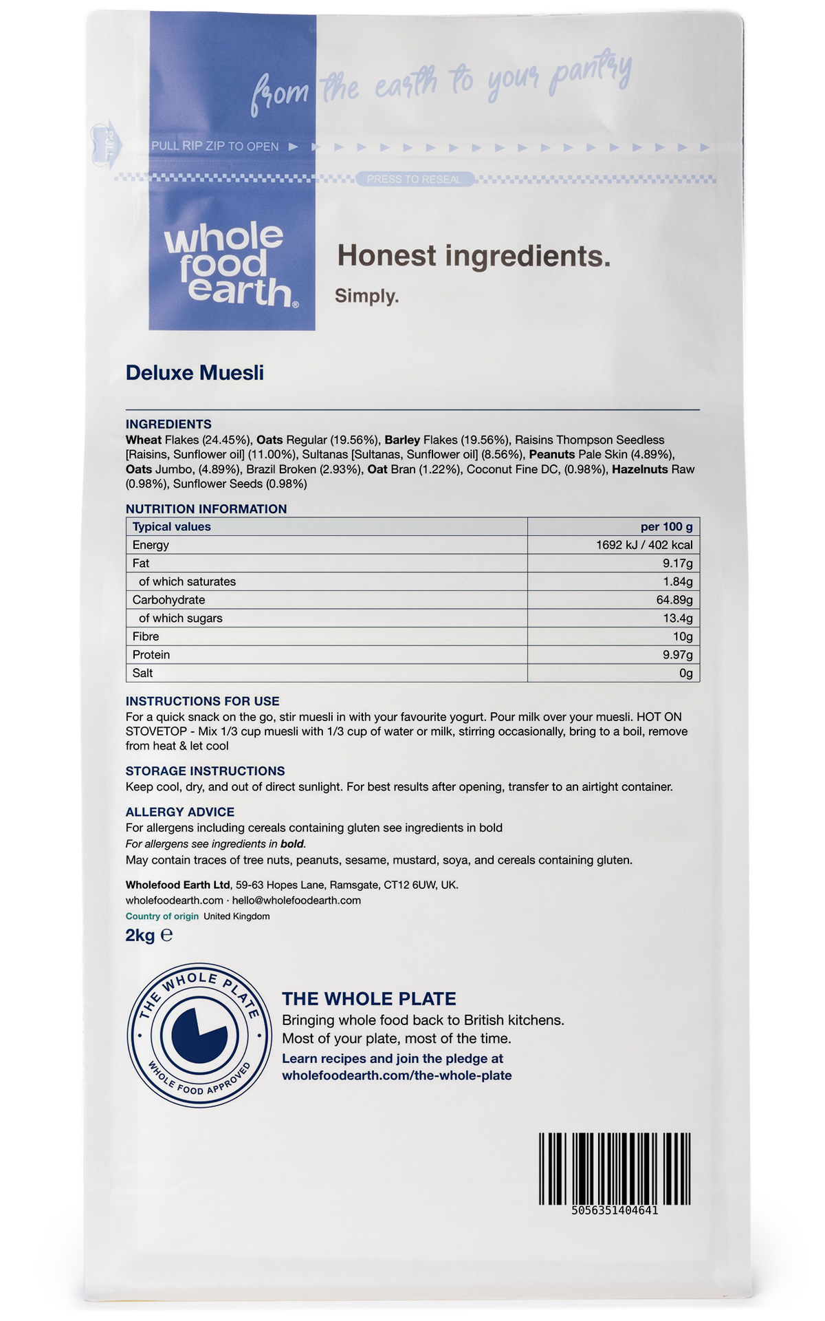 Whole Food Earth Deluxe Muesli cereal with flakes, dried fruit, nuts, and seeds in a 3D back view.