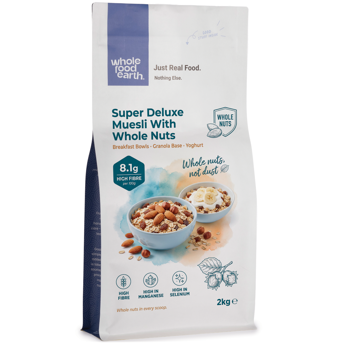Whole Food Earth Super Deluxe Muesli with whole nuts, dried fruit, seeds, and flakes in a colorful cereal bowl.