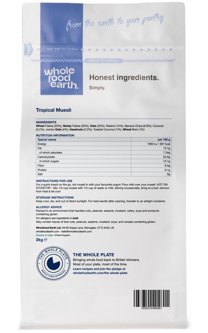 Whole Food Earth Tropical Muesli cereal with flakes, dried fruit, and nuts in a 3D back view image.