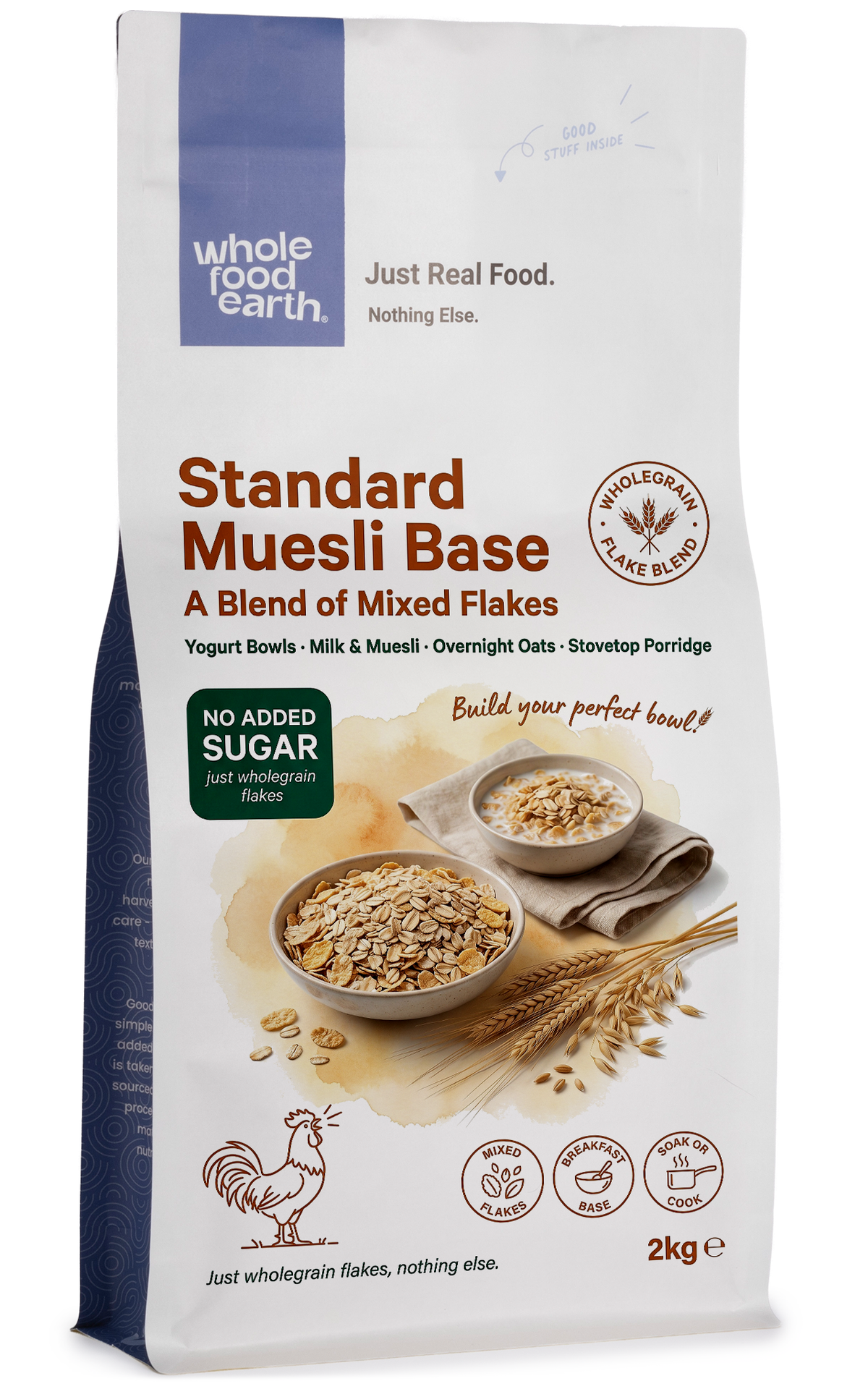 Whole Food Earth Standard Muesli Base with mixed flakes cereal in a bowl, showing a colorful blend of grains and dried fruits.