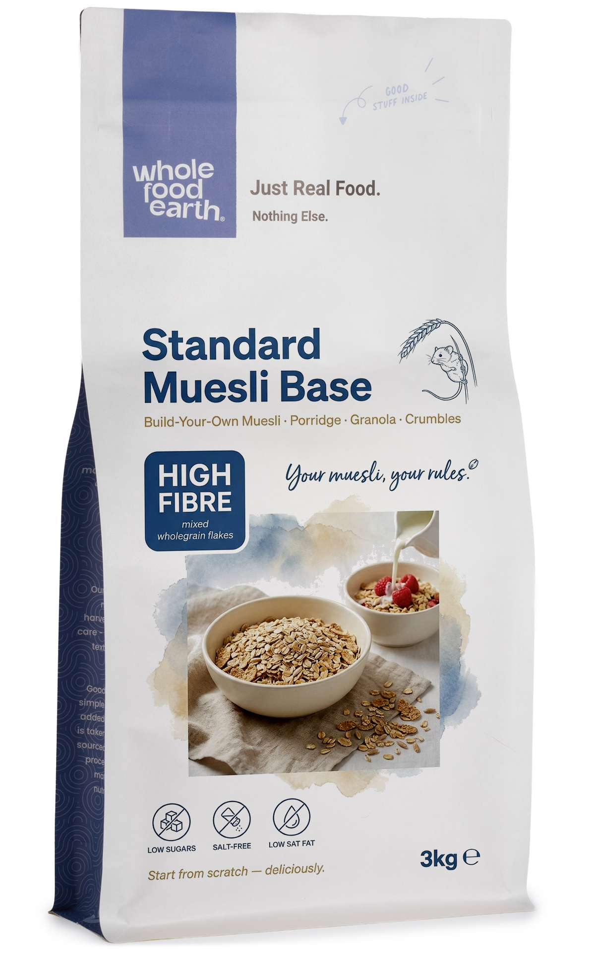 Whole Food Earth Standard Muesli Base with mixed cereal flakes in a 3D image, showcasing a healthy cereal blend.