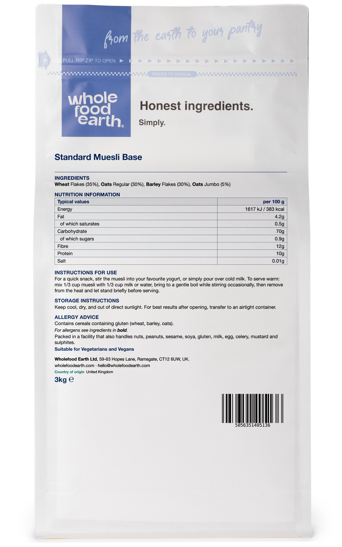 Whole Food Earth Standard Muesli Base cereal with mixed flakes, shown from the back in 3D view.