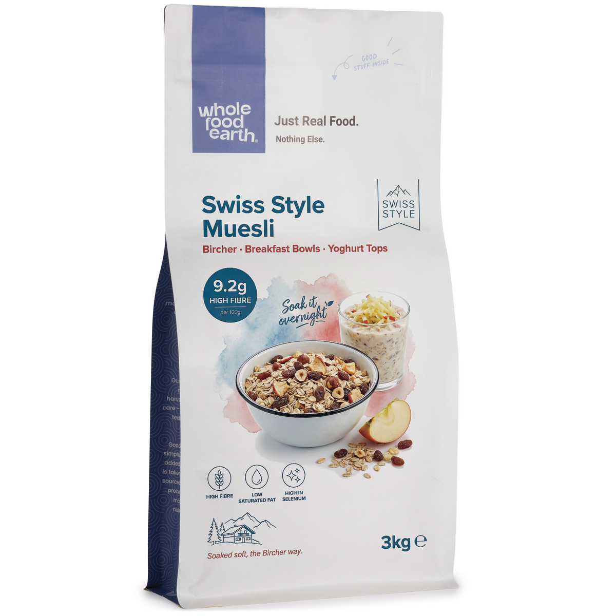 Whole Food Earth Swiss Style Muesli cereal with flakes, dried fruit, and nuts in a bowl, showcasing a healthy breakfast mix.