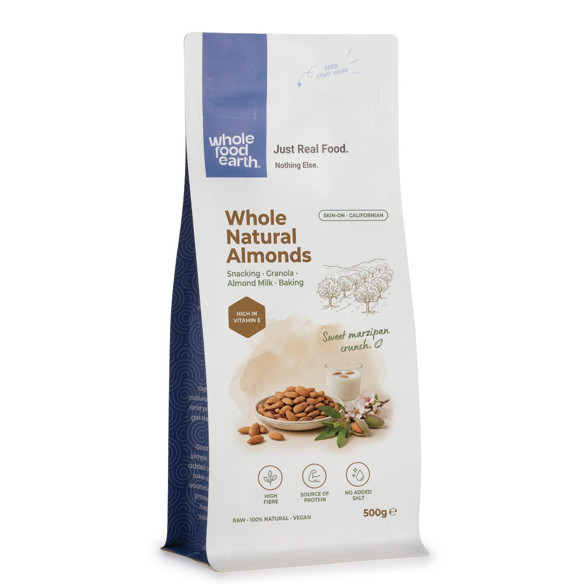 Whole Food Earth natural whole almonds in a clear container, showing their light brown, oval-shaped nut appearance.