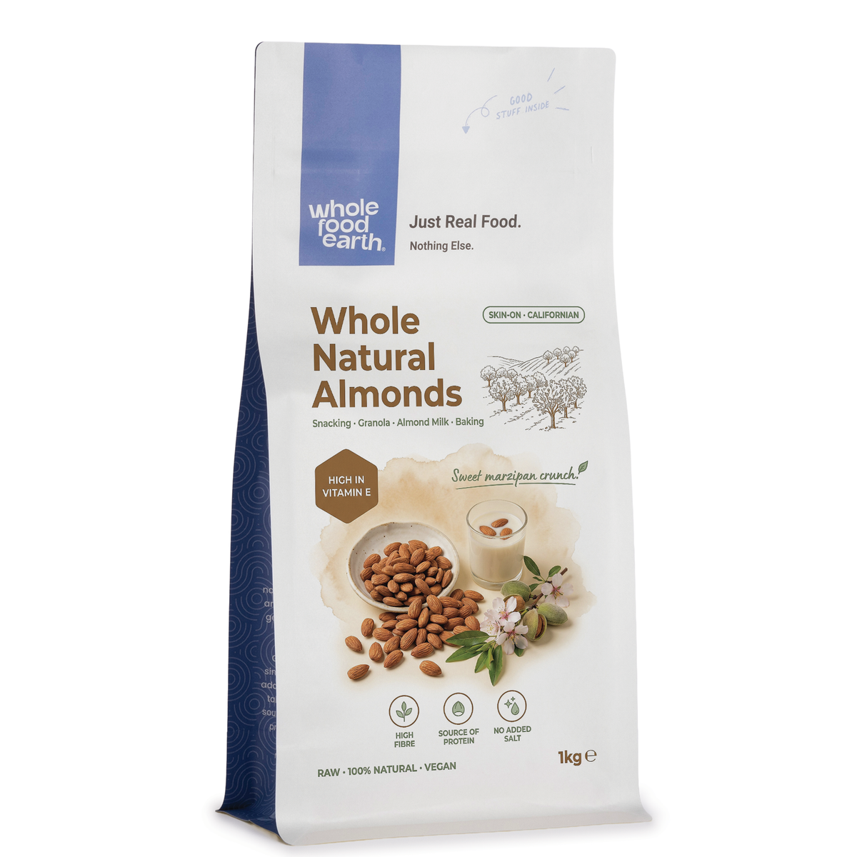 Whole Food Earth natural almonds in a bowl, showcasing fresh whole almonds as a healthy nuts and seeds snack.
