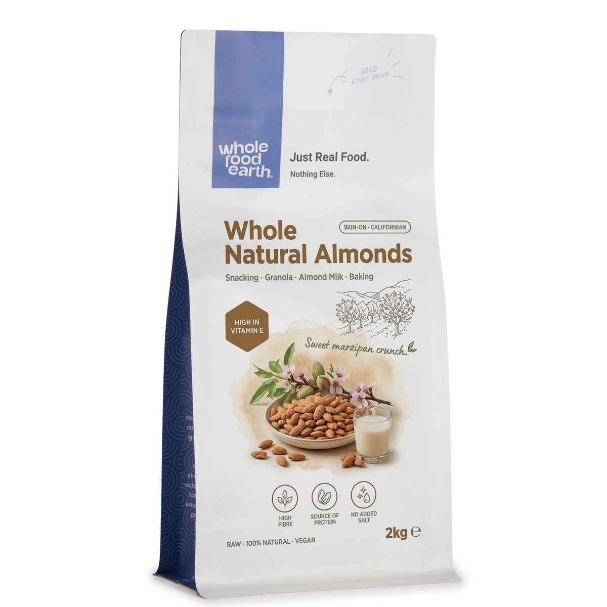 Whole Food Earth whole natural almonds in a bowl, showing their crunchy, light brown nuts from the Nuts & Seeds category.