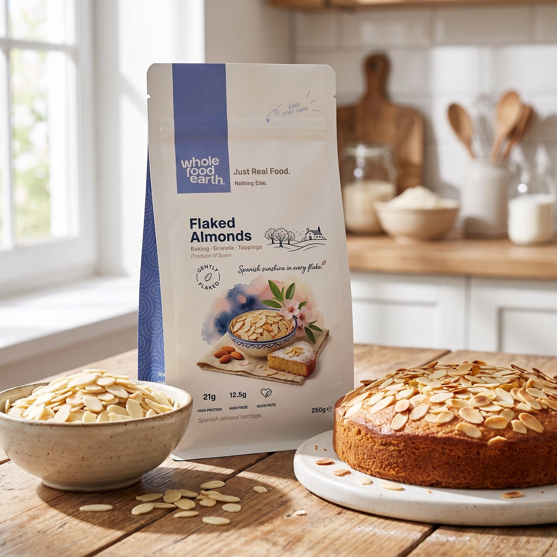 Whole Food Earth flaked almonds in a bowl, showing their thin, crunchy texture, perfect for baking or snacking.