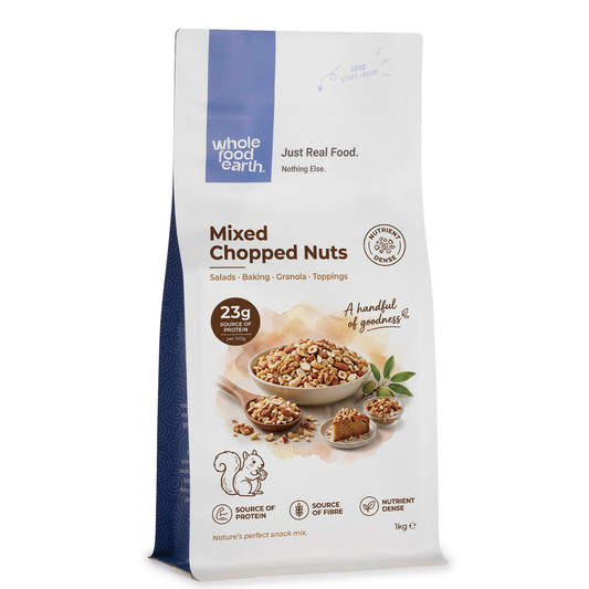 Mixed chopped nuts from Whole Food Earth, showing a variety of colorful, chopped nuts and seeds in a clear bowl.