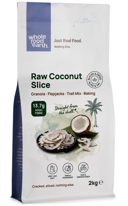 Raw coconut slice from Whole Food Earth, dried fruit piece with textured white flesh on a neutral background.