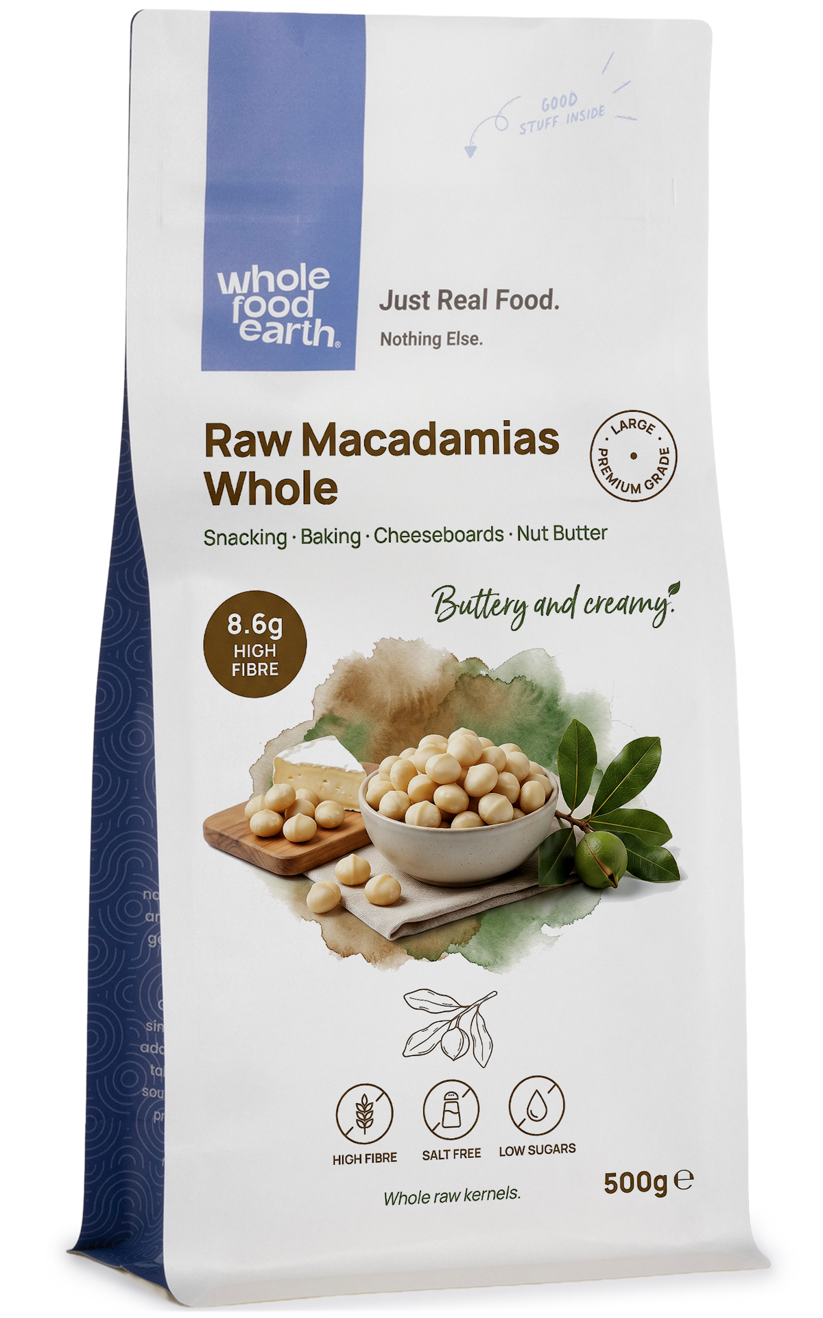 Whole Food Earth raw macadamias in large, premium-grade whole nut form, showcasing their smooth, creamy light-colored shells.