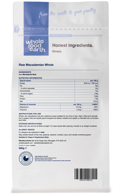 Whole Food Earth raw macadamias whole nuts, large premium grade, natural nuts and seeds for snacking or baking.