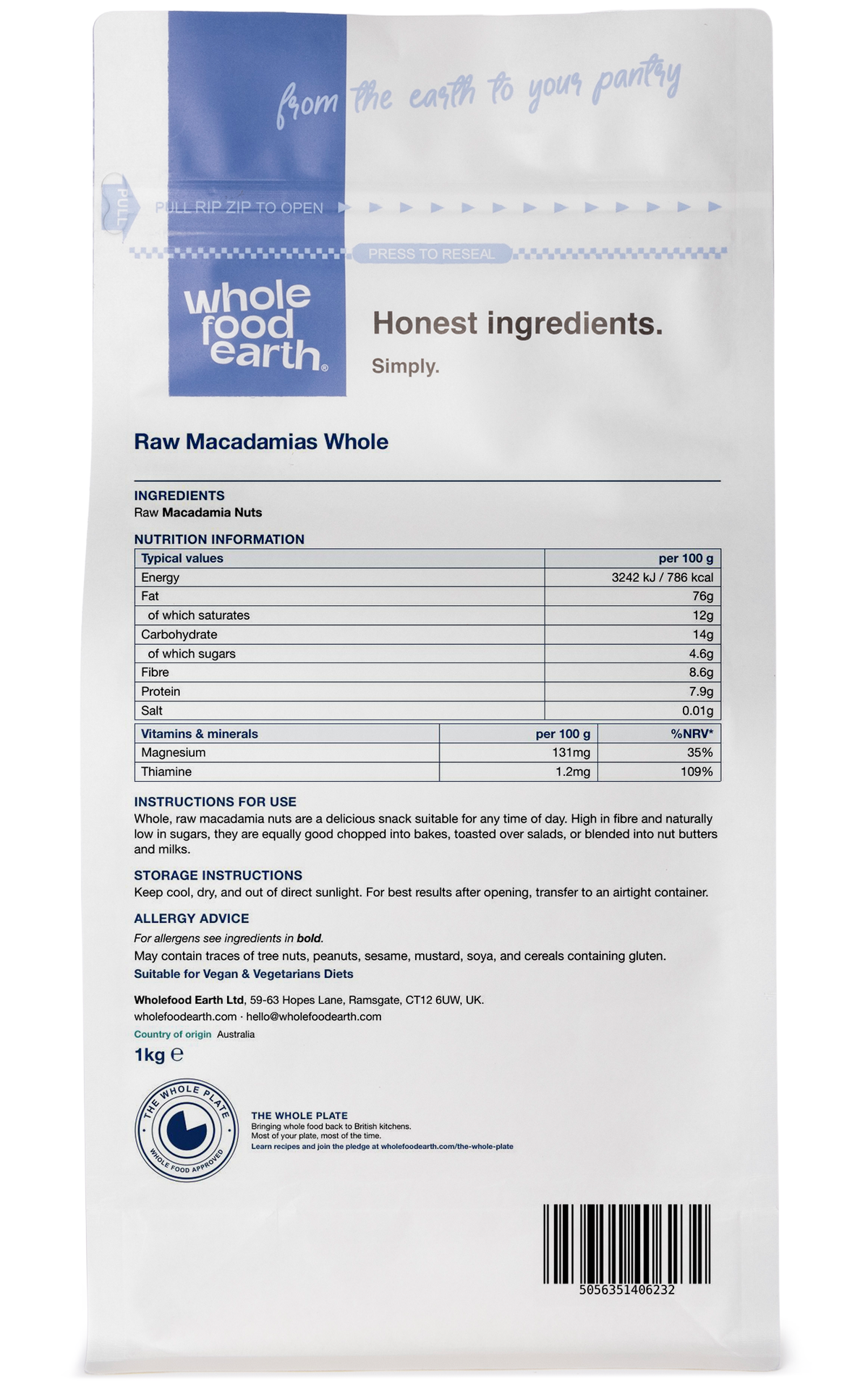 Whole Food Earth raw macadamias in a large, premium-grade whole nut form, showcasing their light brown shells and creamy interior.