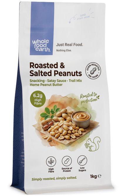 Roasted and salted Whole Food Earth nuts and seeds package with salted peanuts in a clear view.