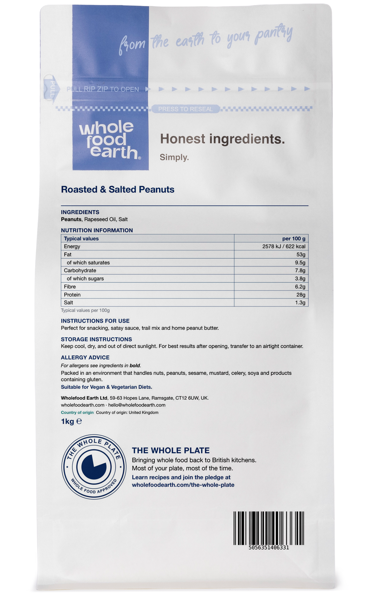 Back view of Whole Food Earth roasted and salted peanuts in a nuts and seeds package, showing the product label and packaging.