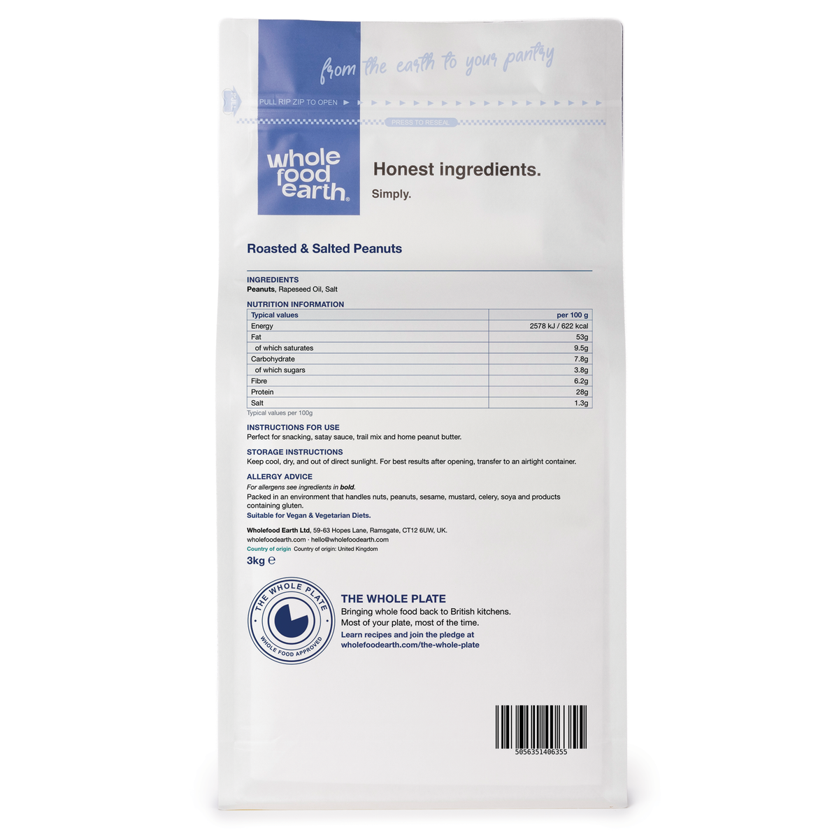 Back view of Whole Food Earth roasted and salted peanuts in a nuts and seeds package.