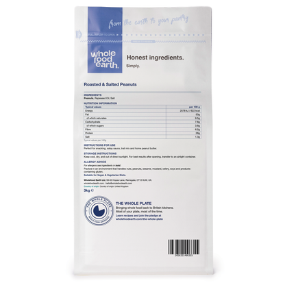 Back view of Whole Food Earth roasted and salted peanuts in a nuts and seeds package.