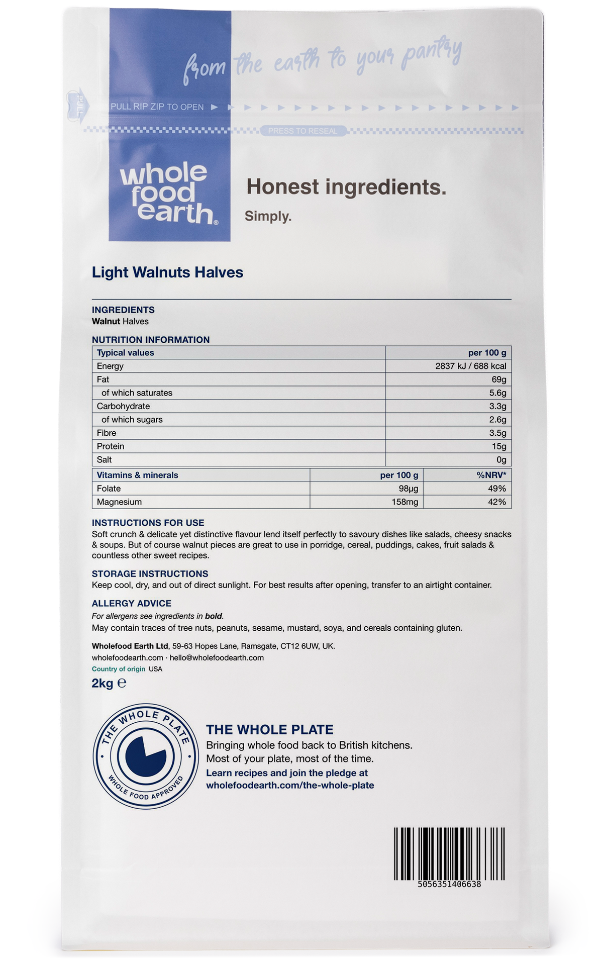 Whole Food Earth light walnuts, 80% halves in a clear bowl, showing their natural light color and crunchy texture.