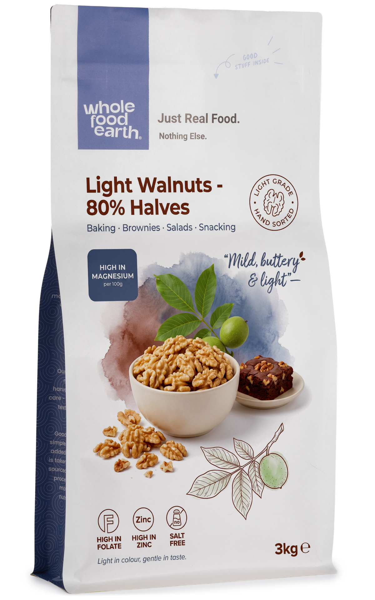 Whole Food Earth light walnuts in 80% halves, showing glossy, crunchy nut halves in a natural, close-up view.