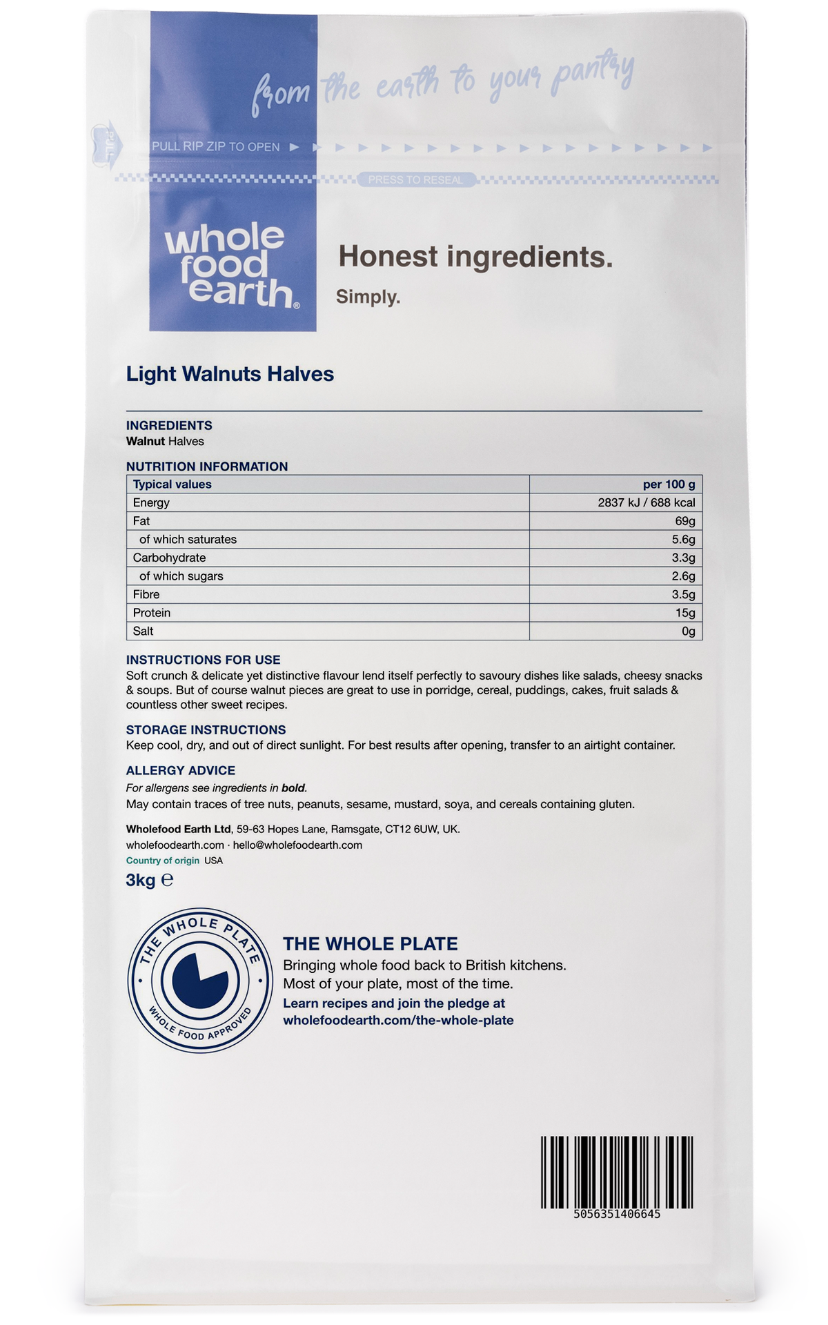 Back view of Whole Food Earth Light Walnuts, 80% halves, nuts and seeds product with natural walnut texture and light color.