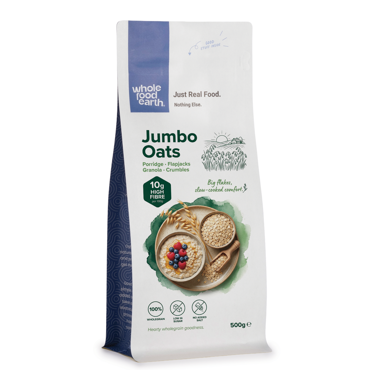 Whole Food Earth Jumbo Oats cereal in a bowl, showing large, whole oats with a rustic appearance and natural texture.