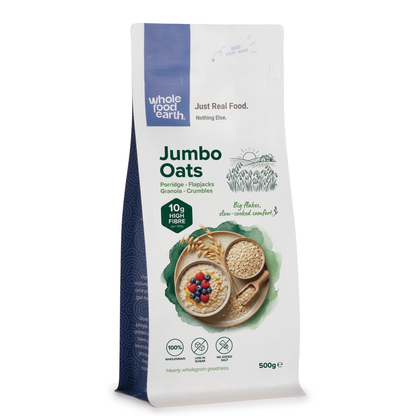 Whole Food Earth Jumbo Oats cereal in a bowl, showing large, whole oats with a rustic appearance and natural texture.