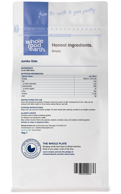 Back view of Whole Food Earth Jumbo Oats cereal box, displaying product branding and packaging design.
