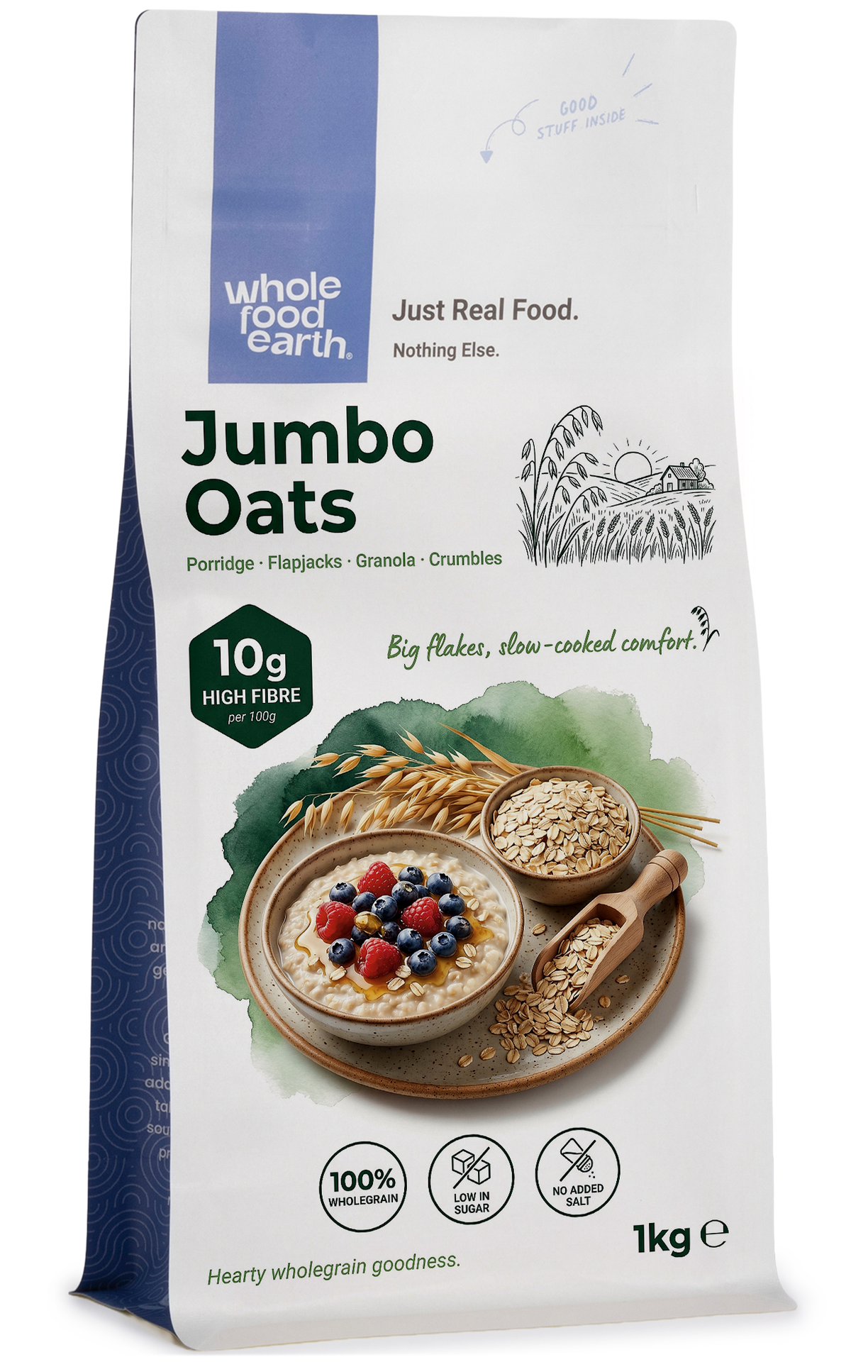 Whole Food Earth Jumbo Oats cereal in a bowl, showing large rolled oats with a natural, wholesome appearance.