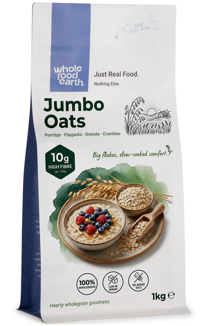 Whole Food Earth Jumbo Oats cereal in a bowl, showing large rolled oats with a natural, wholesome appearance.