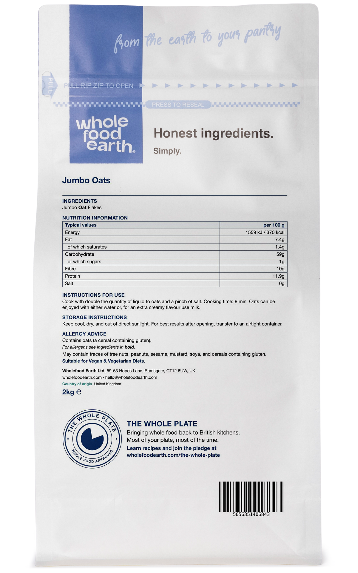 3D front view of Whole Food Earth Jumbo Oats cereal box showing the packaging design and branding.
