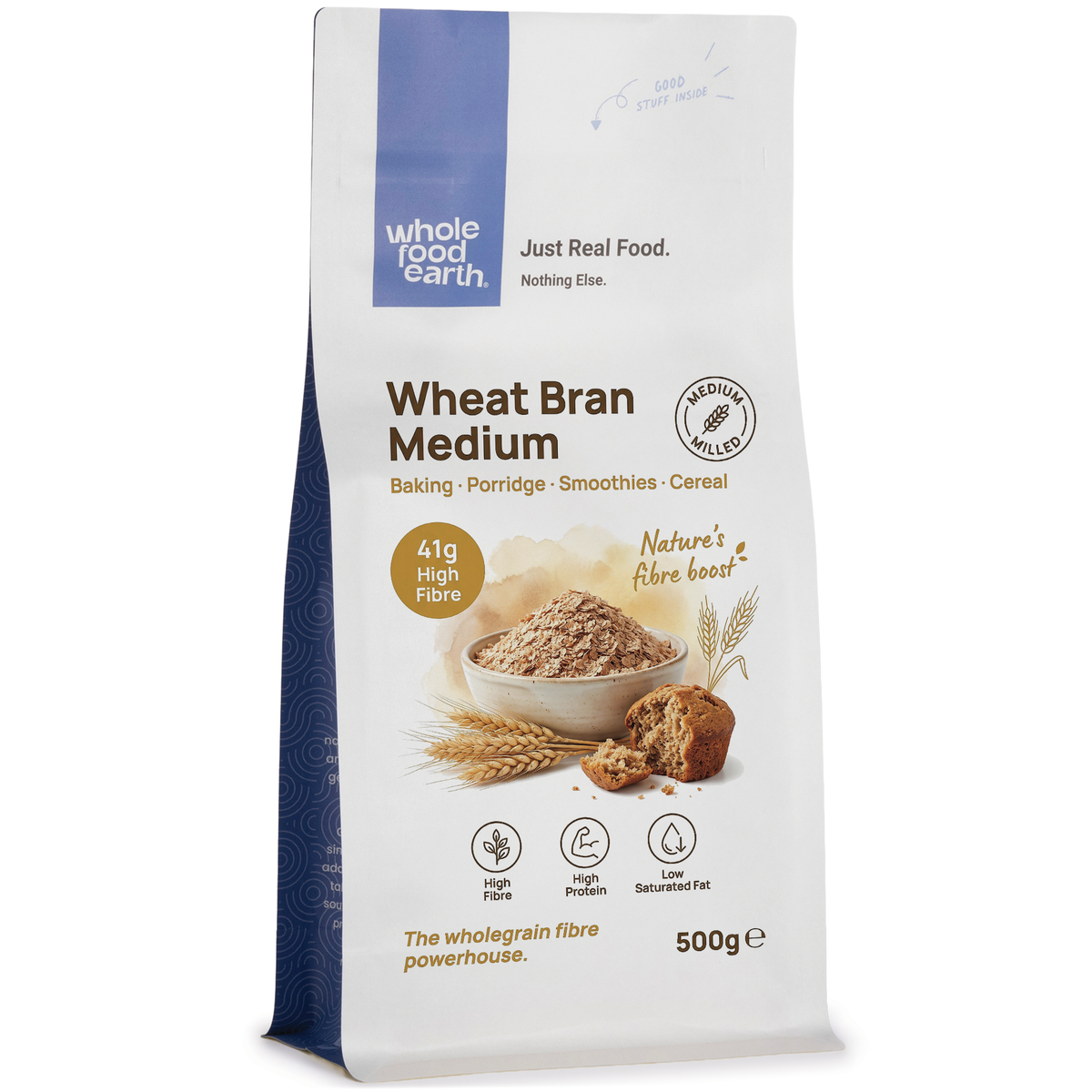 Whole Food Earth Wheat Bran Medium cereal in a container, showing the textured wheat bran for healthy breakfast or baking.