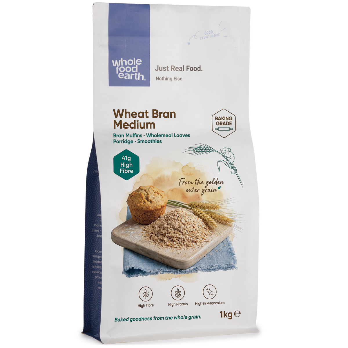 Whole Food Earth Wheat Bran Medium cereal in a bowl, showing textured wheat bran flakes and natural brown color.
